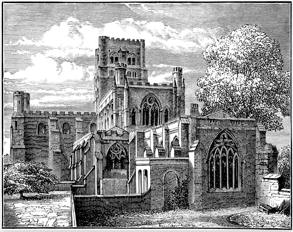 A sketch of an impressive-looking Abbey, the Abbey of Saint Alban, which stood in the Late Middle Ages of Germany.