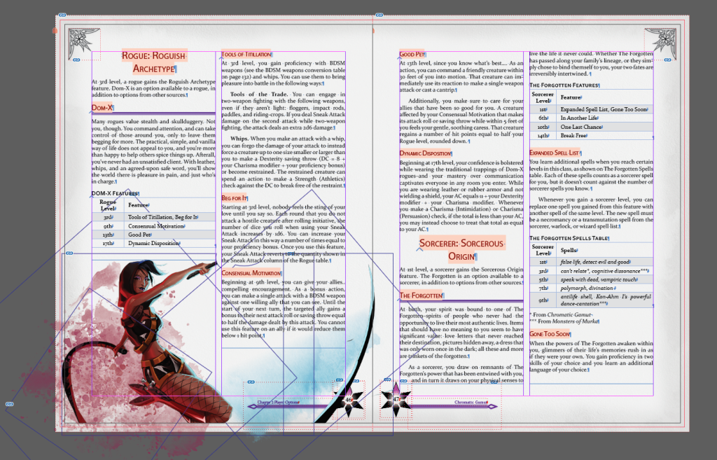 A screenshot of a book I did layout design for called Monsters of Murka: Chromatic Gamut that shows a fairly traditional D&D 5e page design with about a dozen elements across a two-page spread. 